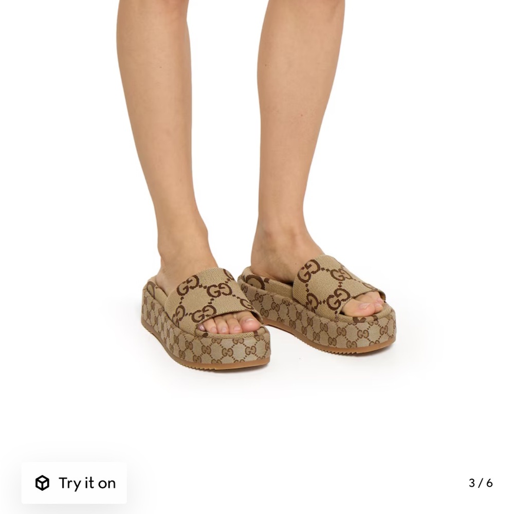 Gucci Beige and Brown platform GG Pattern Slides-worn once! Comes with bag/box - Picture 3 of 14